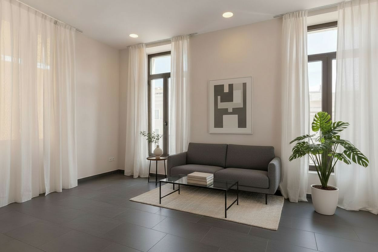Soggiorno reale prima del render, con pavimento scuro e ambiente spoglio
